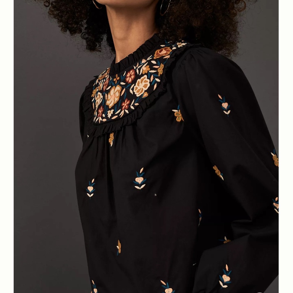 Anthropologie Seen Worn Kept Embroidered Black Women's Top